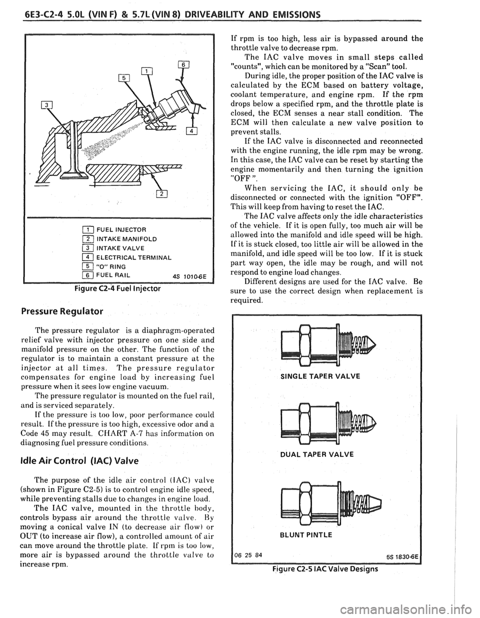 PONTIAC FIERO 1988 Service Repair Manual
6E3-CZ-4 5.OL (VIN F) & 5.7L(VIN 8) DRIVEABILITY AND EMISSIONS
FUEL INJECTOR
1 INTAKE MANIFOLD
( INTAKE VALVE
1 ELECTRICAL TERMINAL
Figure C2-4 Fuel Injector
Pressure Regulator
The pressure PONTIAC FIERO 1988 Service Repair Manual
6E3-CZ-4 5.OL (VIN F) & 5.7L(VIN 8) DRIVEABILITY AND EMISSIONS
FUEL INJECTOR
1 INTAKE MANIFOLD
( INTAKE VALVE
1 ELECTRICAL TERMINAL
Figure C2-4 Fuel Injector
Pressure Regulator
The pressure