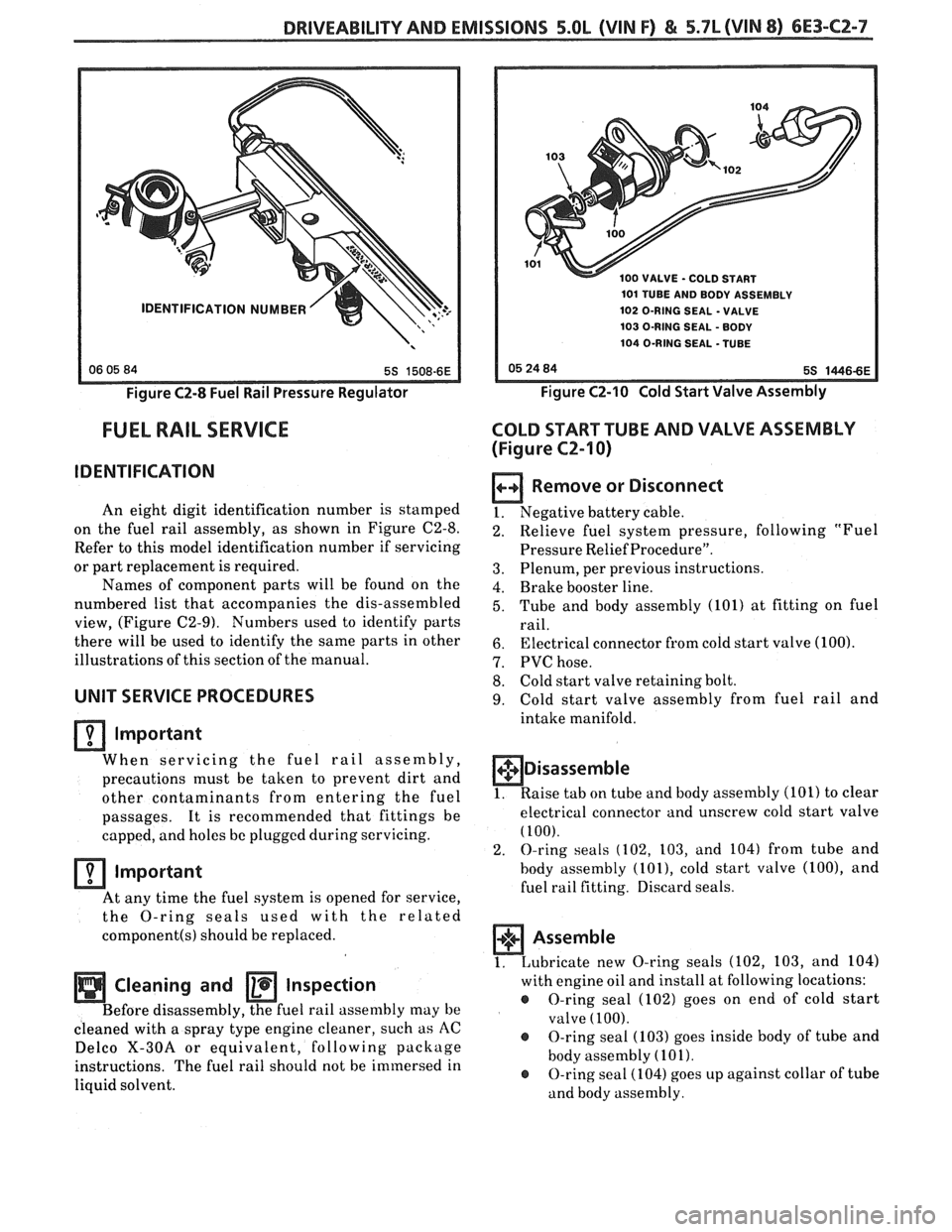 PONTIAC FIERO 1988 Service Repair Manual
DRIVEABILITY AND EMISSIONS 5.OL (VIN F) & 5.7L (VIN 8) 6E3-C2-7
Figure C2-8 Fuel Rail Pressure Regulator
FUEL RAIL SERVICE
IDENTIFICATION
An eight digit identification number is stamped
on t PONTIAC FIERO 1988 Service Repair Manual
DRIVEABILITY AND EMISSIONS 5.OL (VIN F) & 5.7L (VIN 8) 6E3-C2-7
Figure C2-8 Fuel Rail Pressure Regulator
FUEL RAIL SERVICE
IDENTIFICATION
An eight digit identification number is stamped
on t
