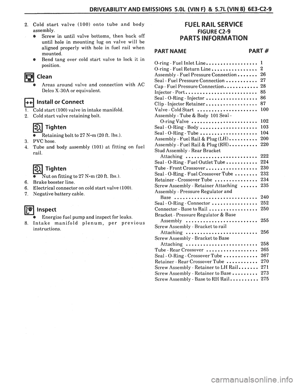 PONTIAC FIERO 1988 Service Repair Manual
DRIVEABILITY AND EMISSIONS 5.OL (VIN F) & 5.7L (VIN 8) 6E3-CZ-9
Cold start valve (100) onto tube and body
assembly
.
Screw in until valve bottoms. then back off
until hole in mounting PONTIAC FIERO 1988 Service Repair Manual
DRIVEABILITY AND EMISSIONS 5.OL (VIN F) & 5.7L (VIN 8) 6E3-CZ-9
Cold start valve (100) onto tube and body
assembly
.
Screw in until valve bottoms. then back off
until hole in mounting