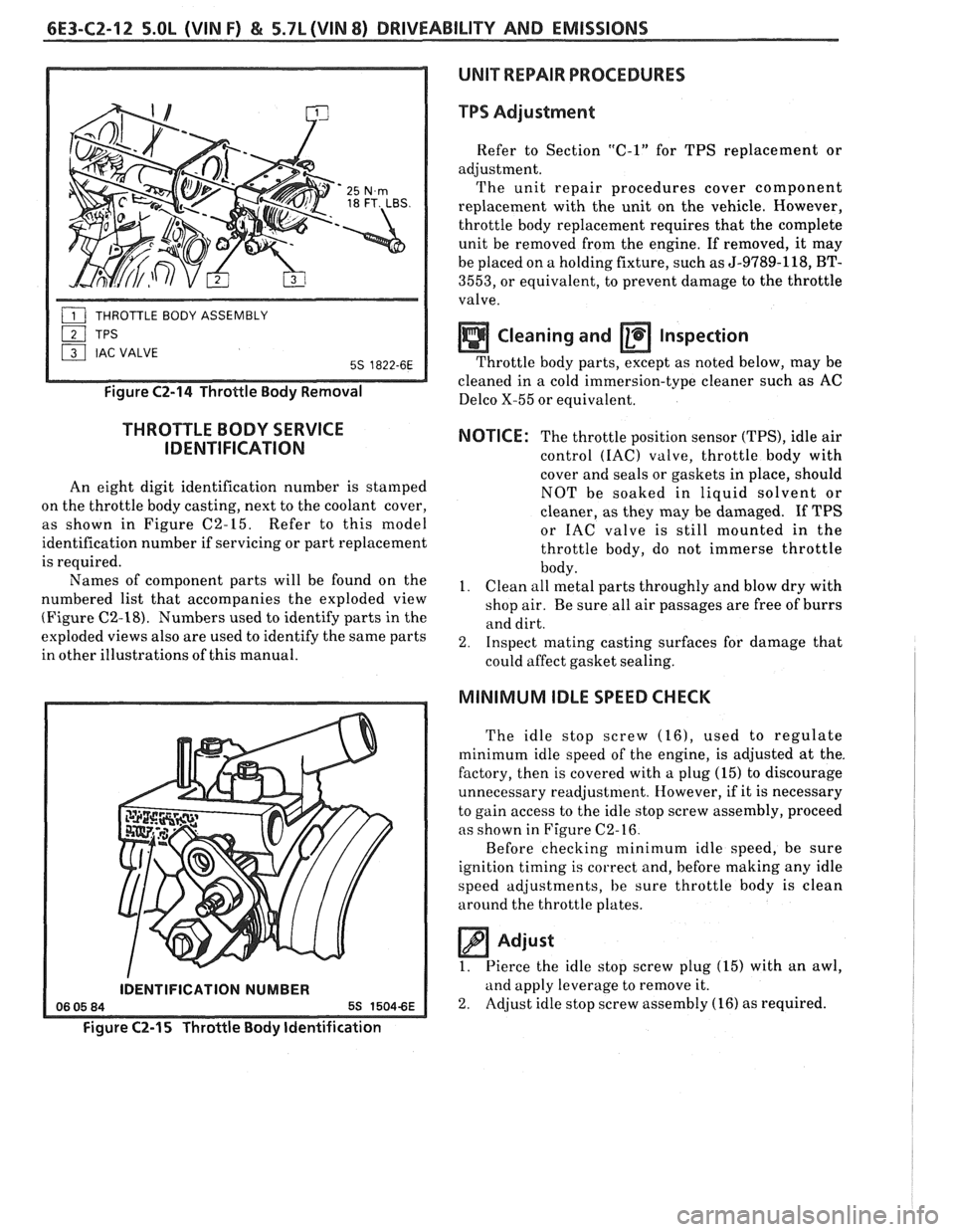 PONTIAC FIERO 1988 Service Repair Manual
6E3-C2-12 5.OL (VIN F) & 5.7L (VIN 8) DRIVEABILITY AND EMISSIONS
UNIT REPAIR PROCEDURES
Figure C2-14 Throttle Body Removal
THROTTLE BODY SERVICE
IDENTIFICATION
An eight digit identification PONTIAC FIERO 1988 Service Repair Manual
6E3-C2-12 5.OL (VIN F) & 5.7L (VIN 8) DRIVEABILITY AND EMISSIONS
UNIT REPAIR PROCEDURES
Figure C2-14 Throttle Body Removal
THROTTLE BODY SERVICE
IDENTIFICATION
An eight digit identification