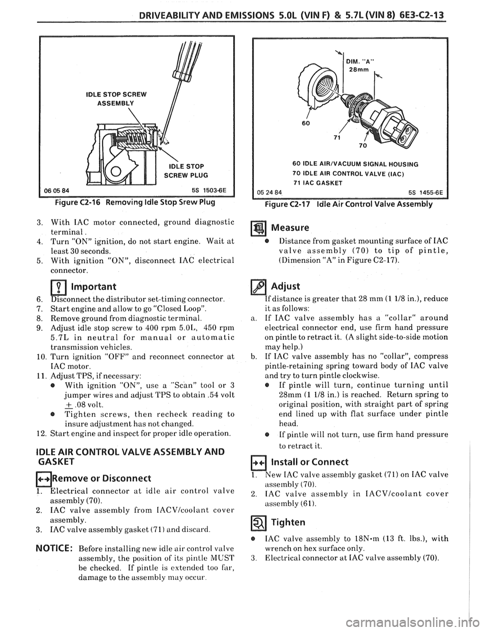 PONTIAC FIERO 1988 Service Repair Manual
DRIVEABILITY AND EMISSIONS 5.OL (VIN F) & 5.7b (VIN 8) 6E3-CZ-13
IDLE STOP SCREW
ASSEMBLY
IDLE STOP
SCREW PLUG
Figure C2-16 Removing Idle Stop Srew Plug
60 IDLE AIR/VACUUM SIGNAL HOUSING PONTIAC FIERO 1988 Service Repair Manual
DRIVEABILITY AND EMISSIONS 5.OL (VIN F) & 5.7b (VIN 8) 6E3-CZ-13
IDLE STOP SCREW
ASSEMBLY
IDLE STOP
SCREW PLUG
Figure C2-16 Removing Idle Stop Srew Plug
60 IDLE AIR/VACUUM SIGNAL HOUSING