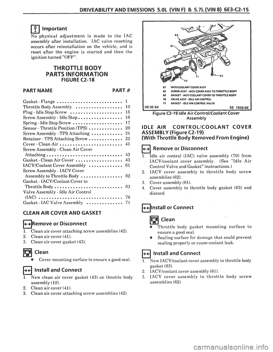 PONTIAC FIERO 1988 Service Repair Manual
DRIVEABILITY AND EMISSIONS 5.OL (WIN F) & 5.7L (WIN 8) 6E3-C2-15
Important
No physical adjustment is made to the IAC
assembly after installation. IAC
valve resetting
occurs after reinst PONTIAC FIERO 1988 Service Repair Manual
DRIVEABILITY AND EMISSIONS 5.OL (WIN F) & 5.7L (WIN 8) 6E3-C2-15
Important
No physical adjustment is made to the IAC
assembly after installation. IAC
valve resetting
occurs after reinst