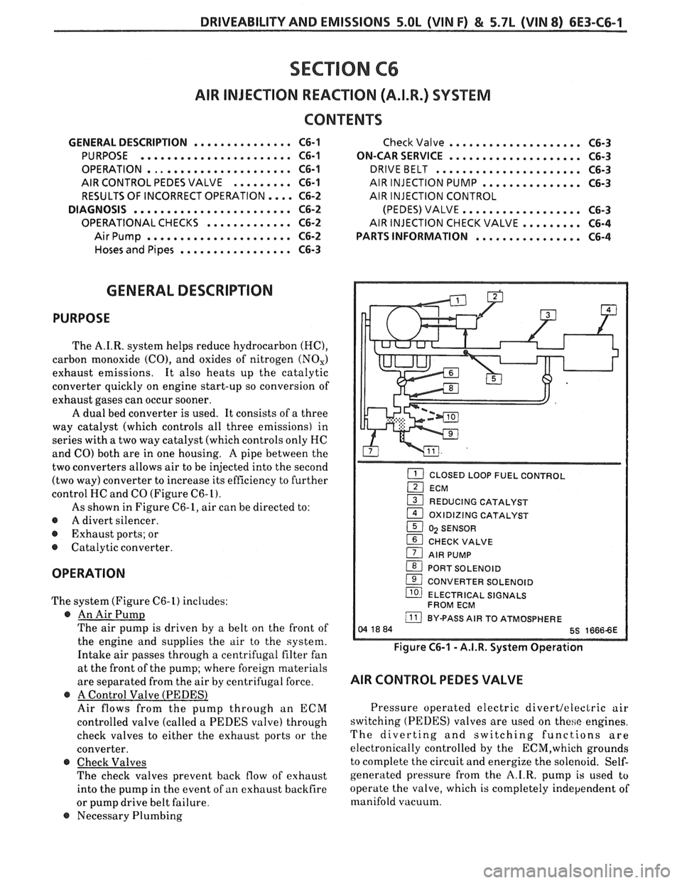 PONTIAC FIERO 1988 Service Repair Manual
DRIVEABILITY AND EMISSIONS 5.OL (VIN F) & 5.7L (VIN 8) 6E3-C6-1
SECTION C6
AIR INJECTION REACTION (A.I.R.) SYSEEM
CONTENTS
GENERAL DESCRIPTION ............... C6-1
PURPOSE ..................... PONTIAC FIERO 1988 Service Repair Manual
DRIVEABILITY AND EMISSIONS 5.OL (VIN F) & 5.7L (VIN 8) 6E3-C6-1
SECTION C6
AIR INJECTION REACTION (A.I.R.) SYSEEM
CONTENTS
GENERAL DESCRIPTION ............... C6-1
PURPOSE .....................