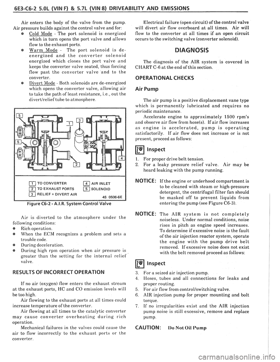 PONTIAC FIERO 1988 Service Repair Manual
6E3-C6-2 5.OL (VIN F) & 5.7L (VIN 8) DRIVEABILITY AND EMISSIONS
Air enters the body of the valve from the pump.
Air pressure builds against the control valve and for:
@ Cold Mode - The p PONTIAC FIERO 1988 Service Repair Manual
6E3-C6-2 5.OL (VIN F) & 5.7L (VIN 8) DRIVEABILITY AND EMISSIONS
Air enters the body of the valve from the pump.
Air pressure builds against the control valve and for:
@ Cold Mode - The p