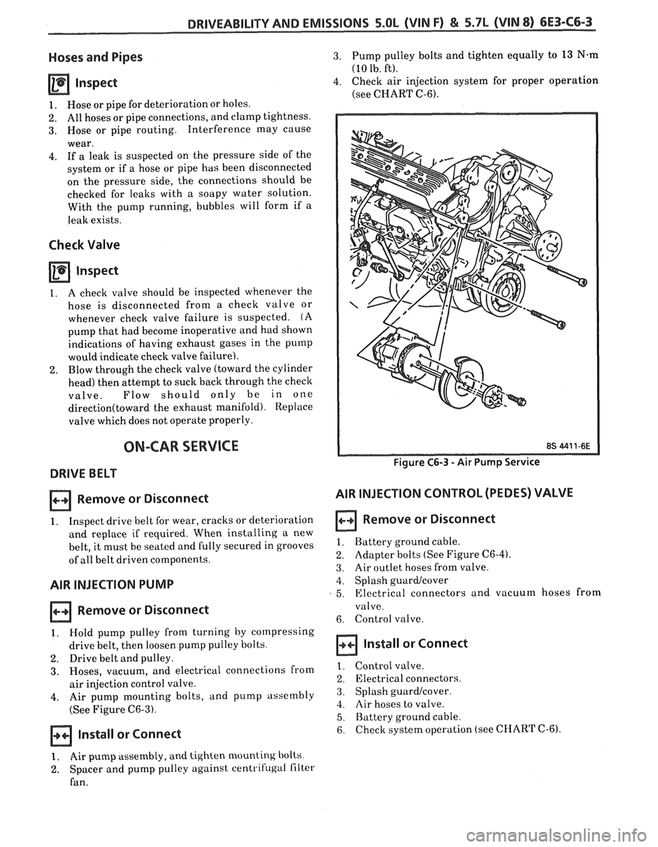 PONTIAC FIERO 1988 Service Repair Manual
DRlVEABlLlfVAND EMISSIONS 5.OL (VIN F) & 5.7L (VIN 8) 6E3-C6-3
Hoses and Pipes
1. Hose or pipe for deterioration or holes.
2. All hoses or pipe connections, and clamp tightness.
3. Hose or PONTIAC FIERO 1988 Service Repair Manual
DRlVEABlLlfVAND EMISSIONS 5.OL (VIN F) & 5.7L (VIN 8) 6E3-C6-3
Hoses and Pipes
1. Hose or pipe for deterioration or holes.
2. All hoses or pipe connections, and clamp tightness.
3. Hose or