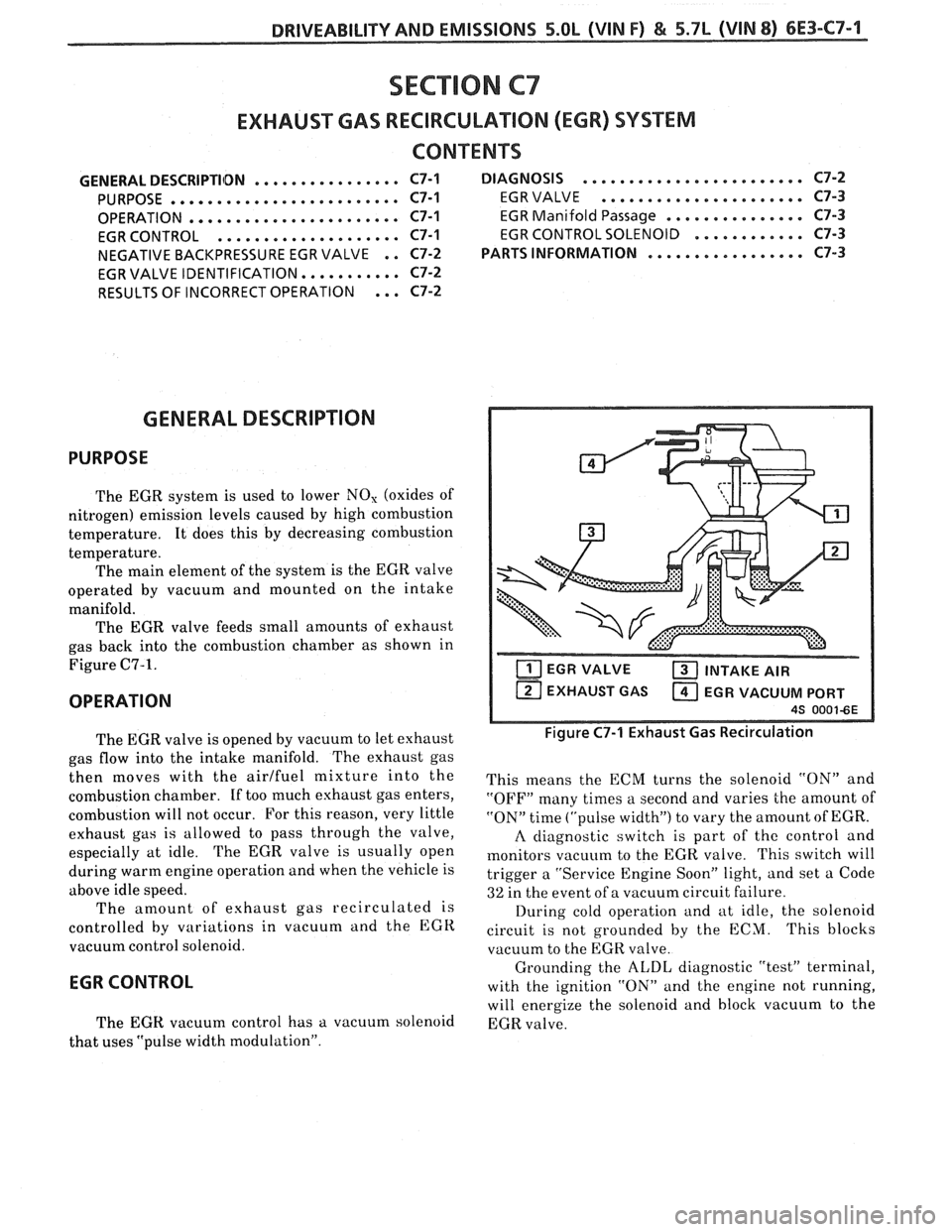 PONTIAC FIERO 1988  Service Repair Manual 
DRIVEABILITY AND EMISSIONS 5.0L (VIN F) €4 5.7L (VIN 8) 6E3-C7-1 
SECTION C7 
EXHAUST GAS REClRCULATlON (EGR) SYSTEM 
CONTENTS 
................ GENERAL DESCRIPTIlDN C7-1  DIAGNOSIS ...............