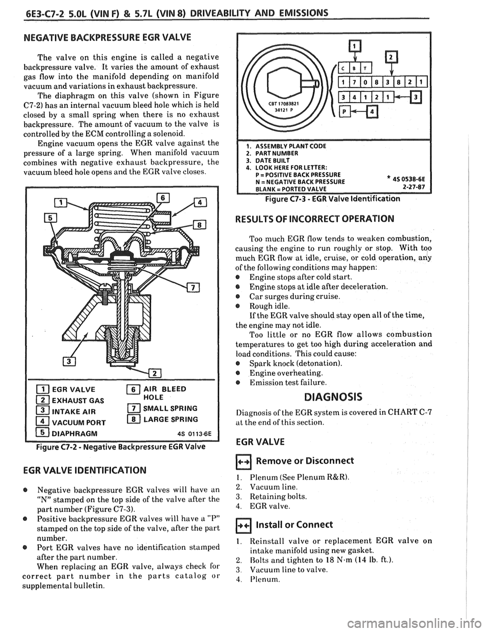 PONTIAC FIERO 1988  Service Repair Manual 
NEGATIVE BACKPRESSURE  EGR VALVE 
The  valve  on this  engine  is  called a negative 
backpressure  valve. It varies the  amount of exhaust 
gas  flow  into the manifold  depending  on manifold 
vacu