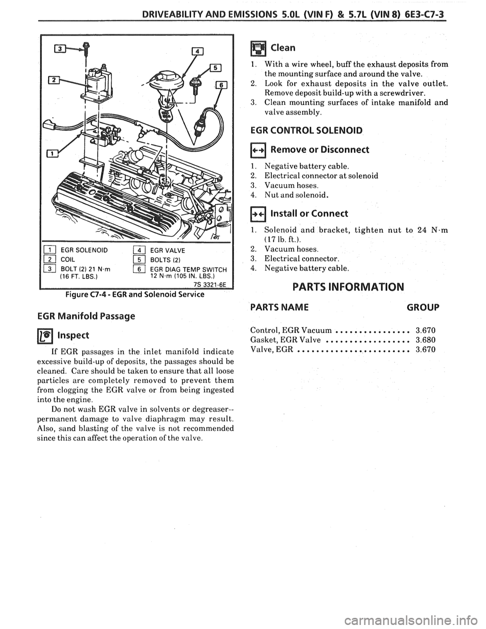 PONTIAC FIERO 1988  Service Repair Manual 
DRIVEABILITY AND EMISSIONS 5.OL (VIN F) & 5.7L (VIN 8) 6E3-C7-3 
1. With  a wire  wheel,  buff the exhaust  deposits  from 
the  mounting  surface and around  the valve. 
2. Look  for exhaust  deposi