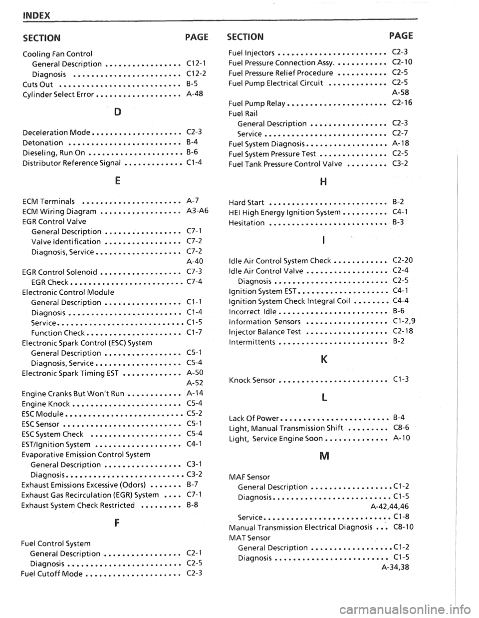 PONTIAC FIERO 1988  Service Repair Manual 
INDEX 
SECTION PAGE 
Cooling Fan Control 
................. General  Description  C12-1 
........................ Diagnosis  C12-2 
........................... Cuts Out B-5 
................... Cylin