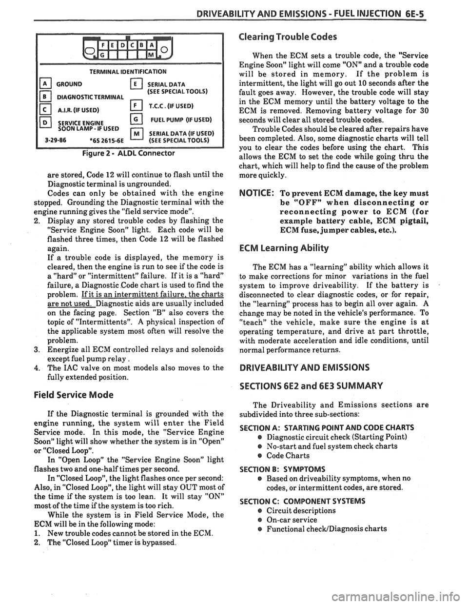 PONTIAC FIERO 1988  Service Repair Manual 
DRIVEABILITY AND EMISSIONS - FUEL INJECTION 6E-5 
TERMINAL IDENTIFICATION 
GROUND  SERIALDATA 
(SEE  SPECIAL  TOOLS) 
DIAGNOSTIC TERMINAL 
I.I.R. (IF USED) T.C.C.  (IF USED) 
SERVICE 
ENGINE FUEL  PU