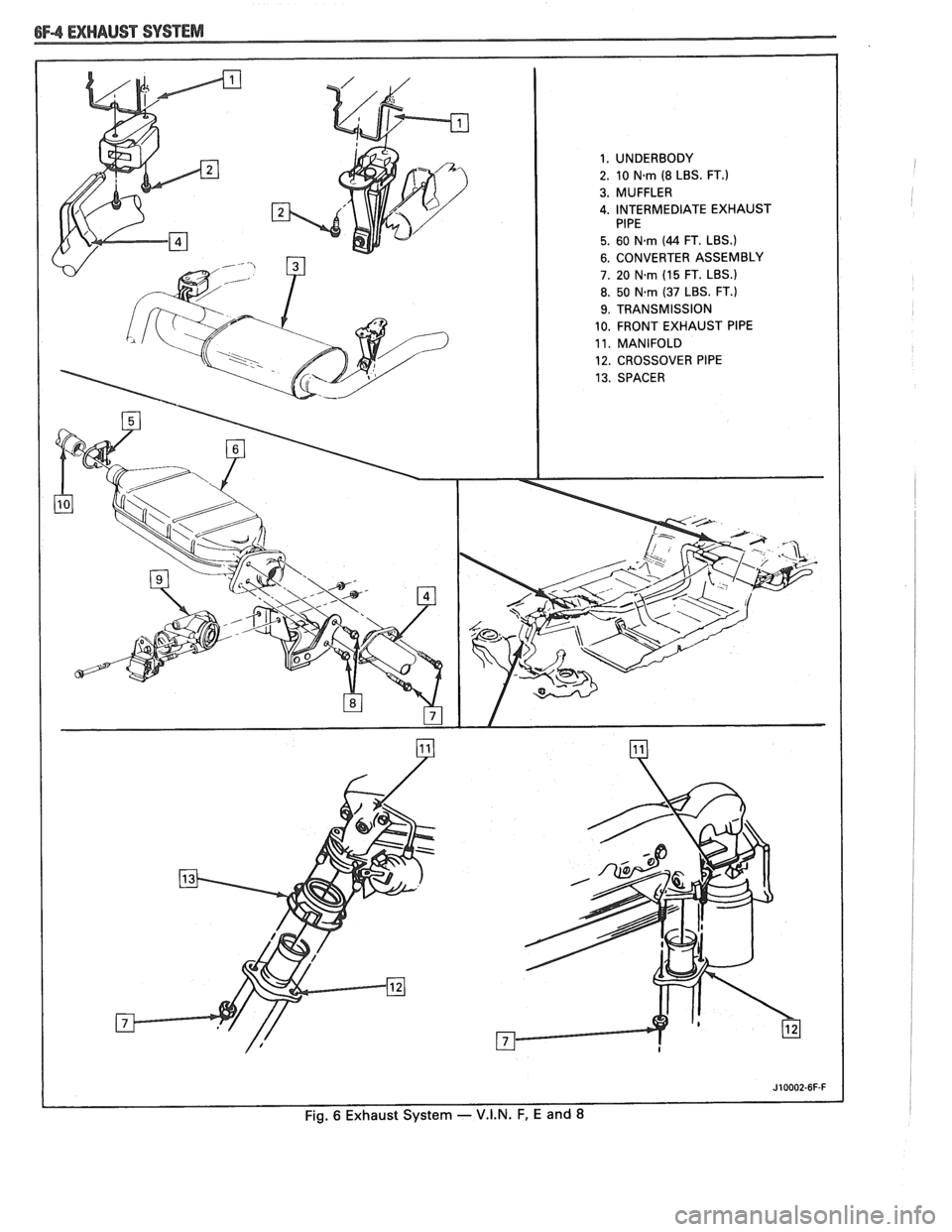 PONTIAC FIERO 1988 Service Repair Manual
1. UNDERBODY
2. 10
N.rn (8 LBS. FT.)
3. MUFFLER
4. INTERMEDIATE EXHAUST
5. 60 Nern (44 FT. LBS.)
6. CONVERTER ASSEMBLY
7. 20
N-rn (15 FT. LBS.)
8. 50 N-rn (37 LBS. FT.)
9. TRANSMISSION PONTIAC FIERO 1988 Service Repair Manual
1. UNDERBODY
2. 10
N.rn (8 LBS. FT.)
3. MUFFLER
4. INTERMEDIATE EXHAUST
5. 60 Nern (44 FT. LBS.)
6. CONVERTER ASSEMBLY
7. 20
N-rn (15 FT. LBS.)
8. 50 N-rn (37 LBS. FT.)
9. TRANSMISSION