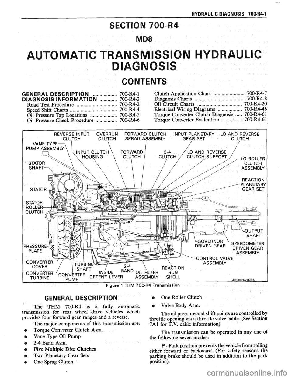 PONTIAC FIERO 1988 Service Repair Manual
HYDRAULIC DIAGNOSIS 700.R4-1
SECTION 700-R4
AUTOMAT C TRANSM
CONTENTS
GENERAL DESCRIPTION
The THM 700-R4 is a fully automatic
transmission for rear wheel drive vehicles which
provides PONTIAC FIERO 1988 Service Repair Manual
HYDRAULIC DIAGNOSIS 700.R4-1
SECTION 700-R4
AUTOMAT C TRANSM
CONTENTS
GENERAL DESCRIPTION
The THM 700-R4 is a fully automatic
transmission for rear wheel drive vehicles which
provides