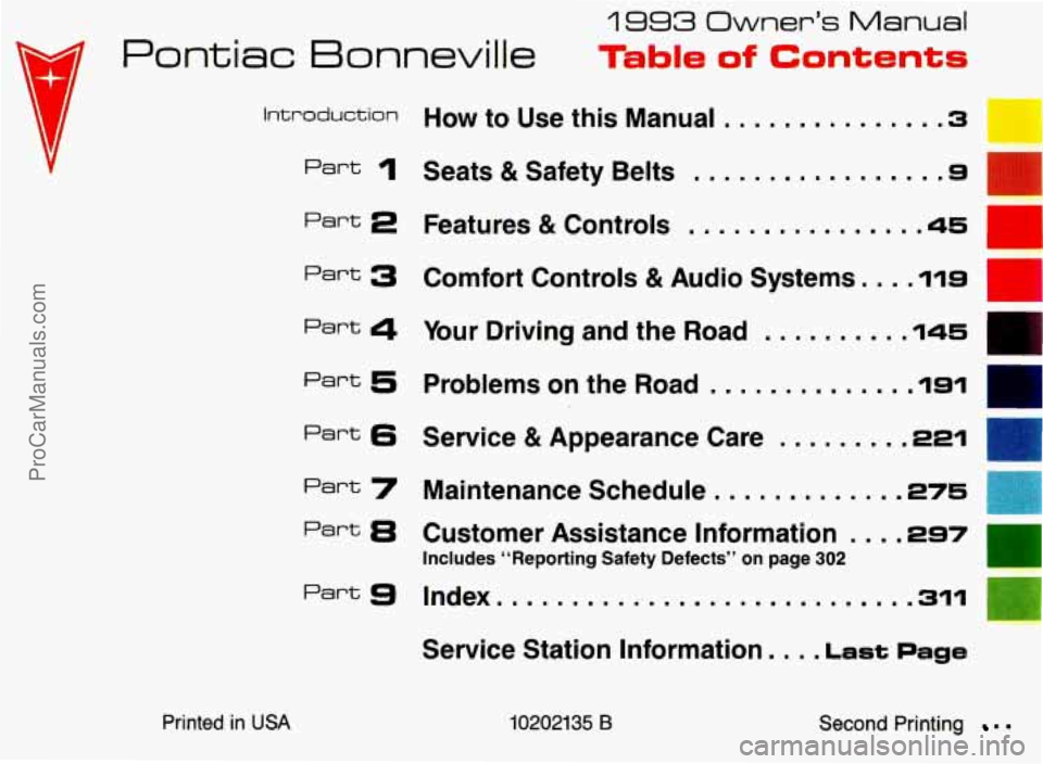 PONTIAC BONNEVILLE 1993  Owners Manual Pontiac Bonneville 
1993 Owner’s Manual 
Table of Contents 
Introduction How to  Use  this  Manual ............... 3 
Part 1 Seats & Safety  Belts ................. s 
Part 2 Features & Controls ...
