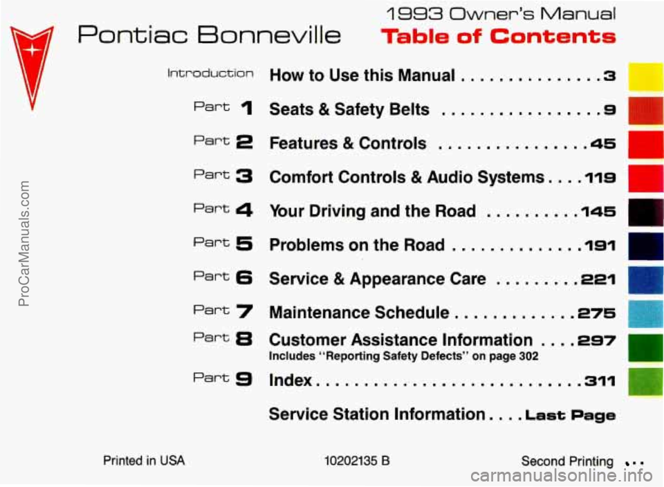 PONTIAC BONNEVILLE 1993 Owners Manual Pontiac Bonneville
1993 Owner’s Manual
Table of Contents
Introduction How to Use this Manual ............... 3
Part 1 Seats & Safety Belts ................. s
Part 2 Features & Controls ... PONTIAC BONNEVILLE 1993 Owners Manual Pontiac Bonneville
1993 Owner’s Manual
Table of Contents
Introduction How to Use this Manual ............... 3
Part 1 Seats & Safety Belts ................. s
Part 2 Features & Controls ...
