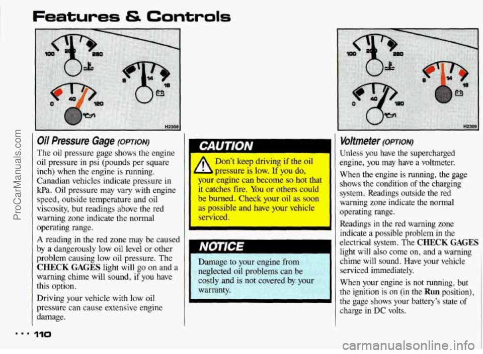 PONTIAC BONNEVILLE 1993  Owners Manual Oil Pressure Gage (OPTION) 
The oil  pressure  gage  shows  the engine 
oil  pressure  in psi  (pounds  per  square 
inch)  when  the engine is running. 
Canadian  vehicles  indicate  pressure 
in 
kP