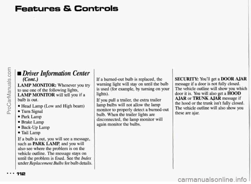 PONTIAC BONNEVILLE 1993  Owners Manual Features & Controls 
Diver Information  Center 
(Cont.) 
LAMP MONITOR: Whenever  you try 
to  use  one of the  following  lights, 
LAMP MONITOR will  tell  you if a 
bulb is out. 
Head  Lamp  (Low  an