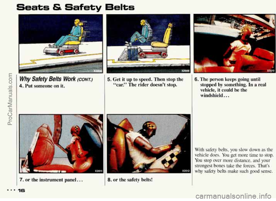 PONTIAC BONNEVILLE 1993 User Guide ... 
Seats & Safety Belts 
Why Safety Belts Work (CONI) 
4. Put  someone on it. 
7. or the  instrument  panel.. . 
16 
5. Get  it  up  to  speed.  Then  stop  the 
“car.” The  rider  doesn’t  st