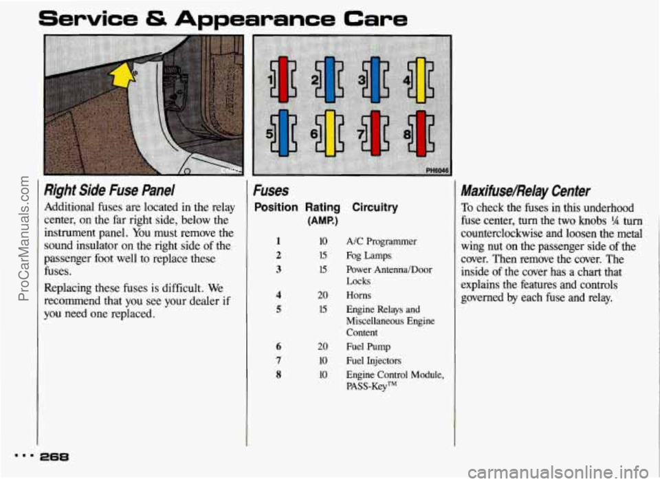 PONTIAC BONNEVILLE 1993 Owners Manual Service & A .ante Care
Righf Side Fuse Panel Fuses
Additional fuses are located in the relay
(AMP.) center, on the far right side, below the
Position Rating Circuitry
instrument panel. PONTIAC BONNEVILLE 1993 Owners Manual Service & A .ante Care
Righf Side Fuse Panel Fuses
Additional fuses are located in the relay
(AMP.) center, on the far right side, below the
Position Rating Circuitry
instrument panel.