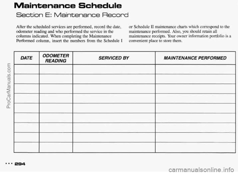 PONTIAC BONNEVILLE 1993  Owners Manual Maintenance Schedule 
Section E: Maintenance Record 
After the  scheduled  services are performed,  record  the date, 
odometer  reading  and  who  performed the service  in  the 
columns indicated.  