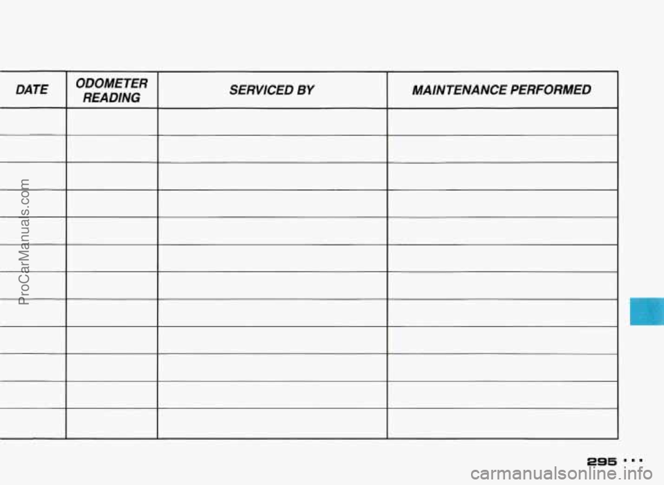 PONTIAC BONNEVILLE 1993  Owners Manual DATE ODOMETER 
READING  SERVICED BY MAINTENANCE 
PERFORMED 
ProCarManuals.com 