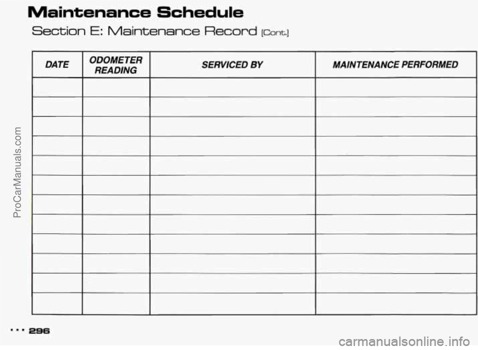 PONTIAC BONNEVILLE 1993  Owners Manual Maintenance Schedule 
Section E: Maintenance  Record [cant.] 
DATE ODOMETER 
READING  SERVICED BY MAINTENANCE  PERFORMED 
ProCarManuals.com 