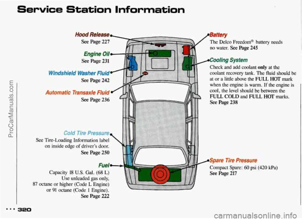 PONTIAC BONNEVILLE 1993  Owners Manual Service Station Information 
See 
87 oc 
Hood Release- 
See  Page  227 The  Delco  Freedom@  batter 
no  water. 
See Page  245 
Engine 011 
See  Page  231 
See  Page  242 
See  Page  236 
Tire-Loading