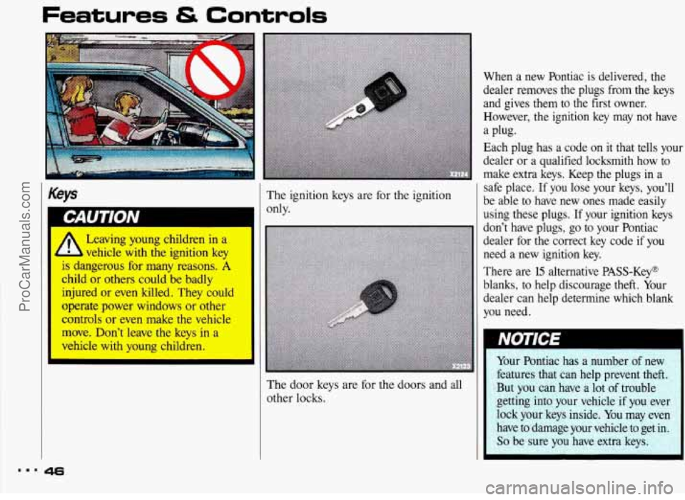 PONTIAC BONNEVILLE 1993 Service Manual Features & Controls 
Keys 
 
, 
Leaving  young children in a 
vehicle  with  the  ignition  key 
1s dangerous  for  many  reasons.  A 
child  or others could  be  badly 
injured or  even killed.  They