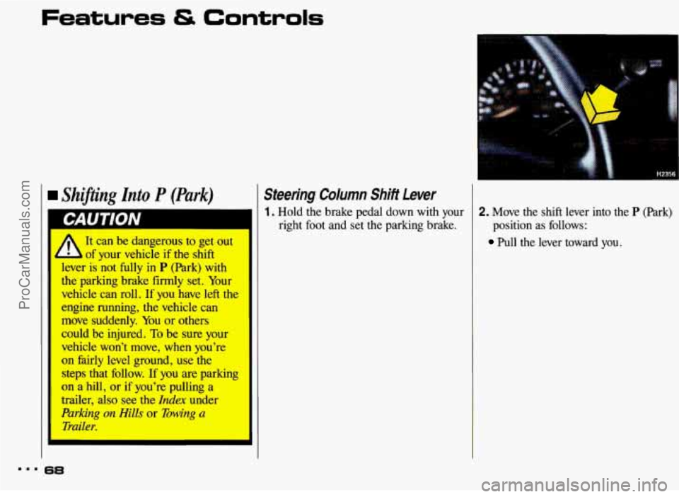 PONTIAC BONNEVILLE 1993  Owners Manual Features & Controls 
1 Shifting Znto P (Park) 
It  can be dangerous to  get out 
~ b of your  vehicle  if the shift 
lever  is not  fully 
in P (Park)  with 
the  parking  brake  firmly set. Your 
veh