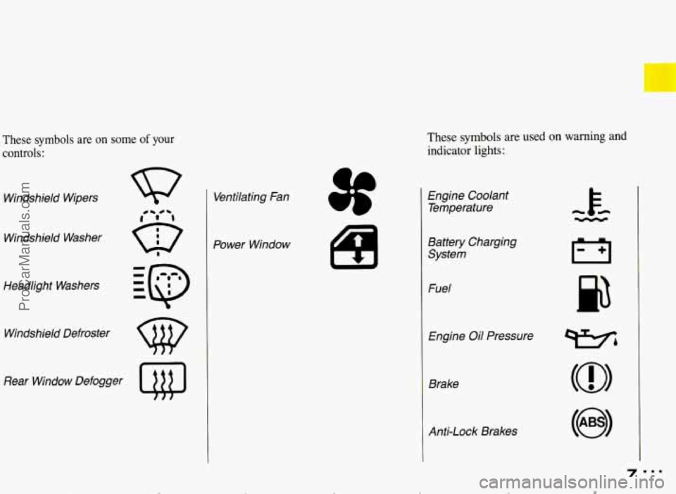 PONTIAC BONNEVILLE 1993  Owners Manual r 
These  symbols  are on some of your 
controls: 
Windshield  Wipers 
Windshield  Washer 
Headlight  Washers 
Windshield  Defroster 
Rear  Window  Defogger 
Q@ 
Ventilating  Fan 
Power  Window 
These