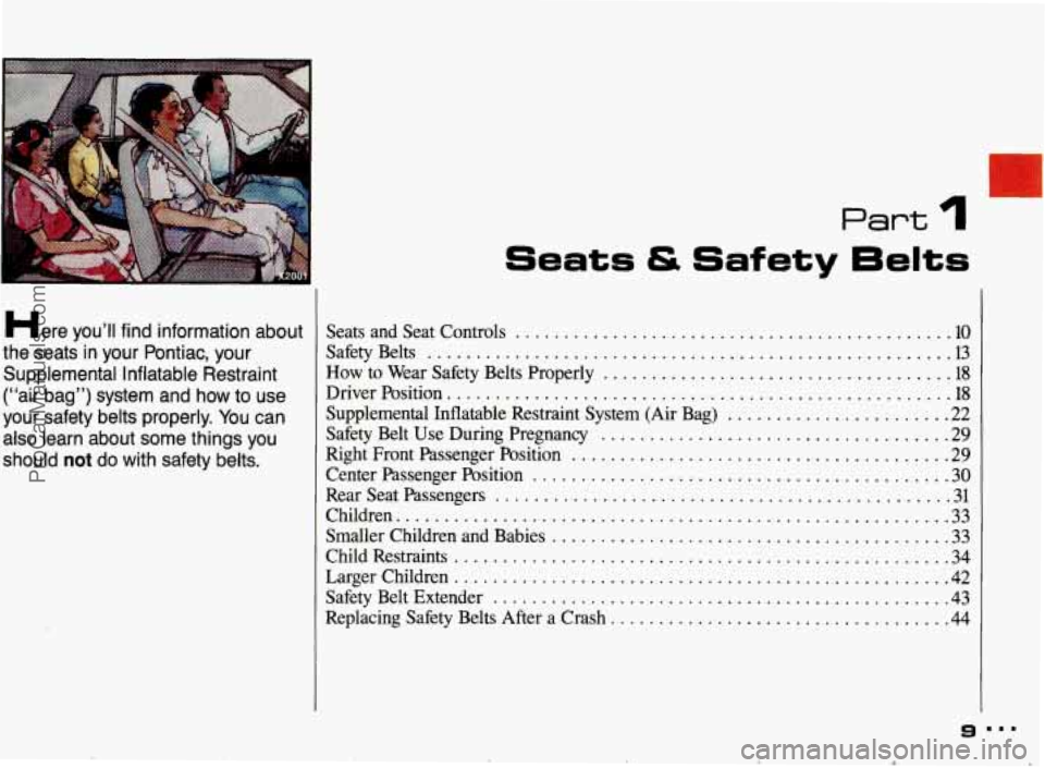 PONTIAC BONNEVILLE 1993  Owners Manual . 
Here youW find  information  about 
the  seats  in  your  Pontiac.  your  Supplemental  Inflatable  Restraint 
(“air  bag”)  system  and  how 
to use 
your  safety  belts  properly 
. You  can 