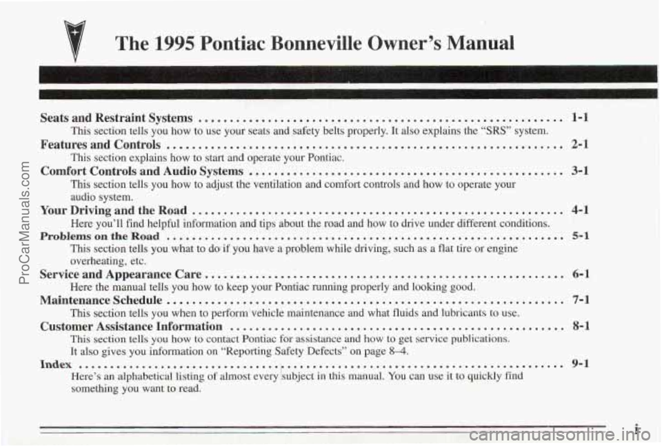 PONTIAC BONNEVILLE 1995  Owners Manual The 1995 Pontiac  Bonneville  Owner’s  Manual 
Seats  and  Restraint  Systems .......................................................... 1-1 
Features  and  Controls ................................