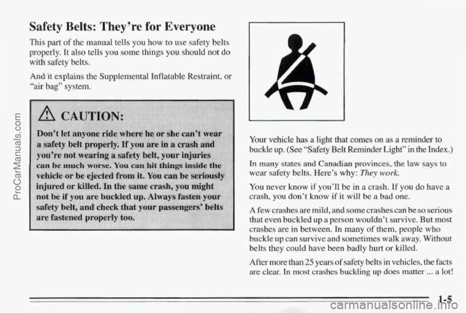 PONTIAC BONNEVILLE 1995  Owners Manual Safety  Belts:  They’re  for  Everyone 
This part of the  manual  tells you  how  to use  safety  belts 
properly.  It  also tells  you  some things  you  should  not  do 
with  safety  belts. 
And 
