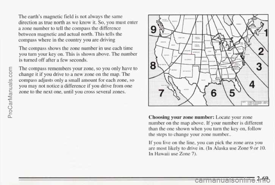 PONTIAC BONNEVILLE 1995  Owners Manual The earth’s  magnetic  field is not always  the same 
direction 
as true  north as we know  it. So, you  must  enter 
a zone  number  to tell  the  compass  the  difference 
between  magnetic  and  