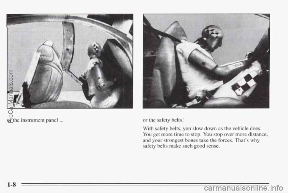 PONTIAC BONNEVILLE 1995 User Guide or the  instrument  panel .-. or the  safety  belts ! 
With  safety  belts,  you slow down as the vehicle  does. 
You get more time to  stop. You stop over more distance, 
and your strongest  bones  t