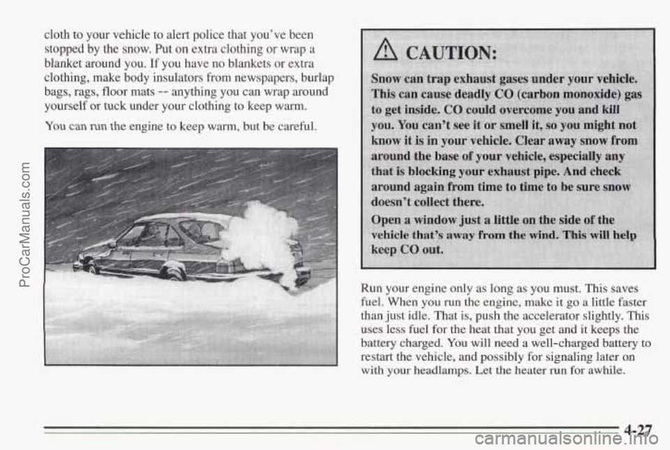 PONTIAC BONNEVILLE 1995 Owners Manual cloth to your vehicle to alert police that youve been
stopped by the snow. Put
on extra clothing or wrap a
blanket around you. If you have no blankets or extra
clothing, make body i PONTIAC BONNEVILLE 1995 Owners Manual cloth to your vehicle to alert police that youve been
stopped by the snow. Put
on extra clothing or wrap a
blanket around you. If you have no blankets or extra
clothing, make body i