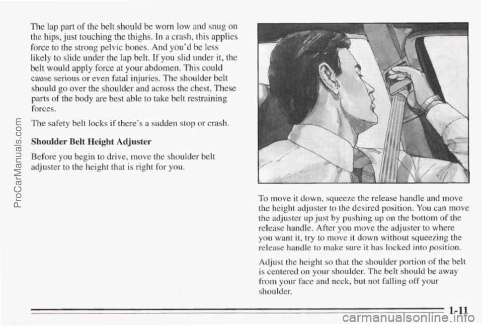 PONTIAC BONNEVILLE 1995 User Guide The lap part of the belt should be worn low and snug on
the hips, just touching the thighs. In
a crash, this applies
force to the strong pelvic bones. And you’d be less
likely to slide u PONTIAC BONNEVILLE 1995 User Guide The lap part of the belt should be worn low and snug on
the hips, just touching the thighs. In
a crash, this applies
force to the strong pelvic bones. And you’d be less
likely to slide u