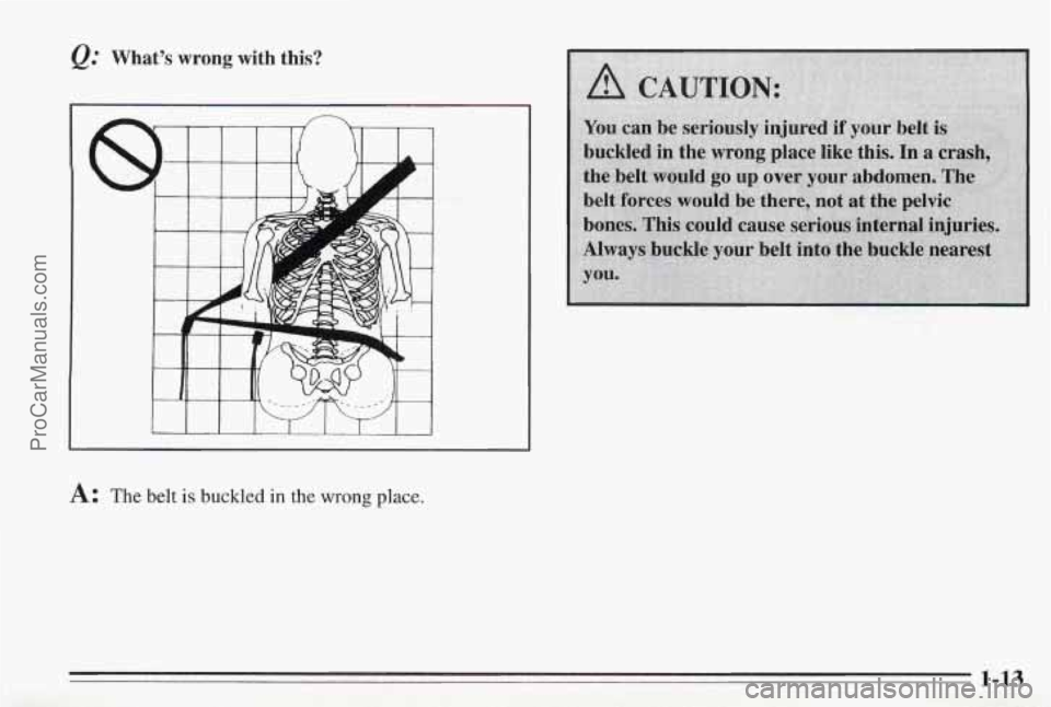 PONTIAC BONNEVILLE 1995 User Guide Q: What’s  wrong  with  this? 
I I I I I I I I 
A: The belt is buckled in the wrong place. 
1-13 
ProCarManuals.com 