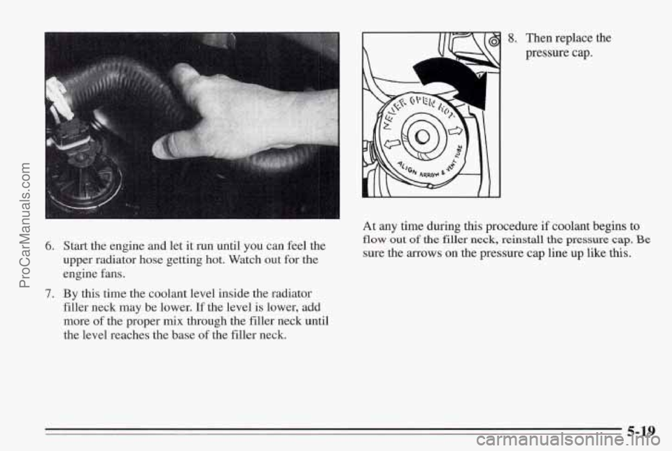 PONTIAC BONNEVILLE 1995  Owners Manual 6. Start  the engine and let it  run  until  you  can  feel  the 
upper  radiator  hose getting hot.  Watch  out  for  the 
engine  fans. 
7. By  this  time the coolant  level inside  the  radiator 
f