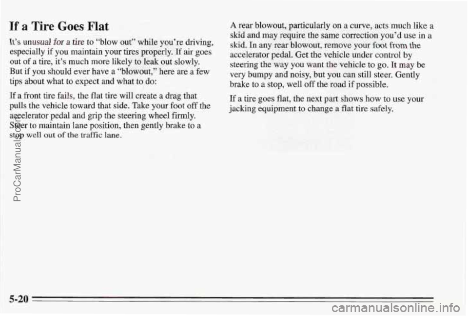 PONTIAC BONNEVILLE 1995  Owners Manual If a front tire fails,  the  flat  tire will create  a drag that 
pulls  the  vehicle toward  that side.  Take  your foot 
off the 
accelerator  pedal and grip  the steering  wheel firmly. 
Steer  to 
