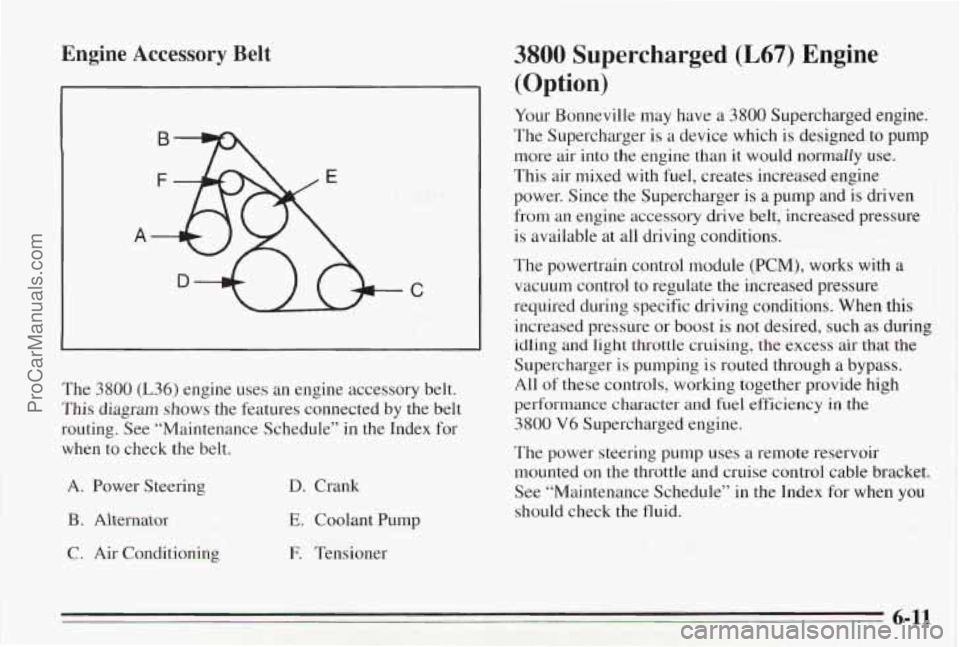 PONTIAC BONNEVILLE 1995 Owners Manual Engine Accessory Belt
A
C
The 3800 (L36) engine uses an engine accessory belt.
This diagram shows the features connected by the belt
routing. See “Maintenance Schedule” in the PONTIAC BONNEVILLE 1995 Owners Manual Engine Accessory Belt
A
C
The 3800 (L36) engine uses an engine accessory belt.
This diagram shows the features connected by the belt
routing. See “Maintenance Schedule” in the