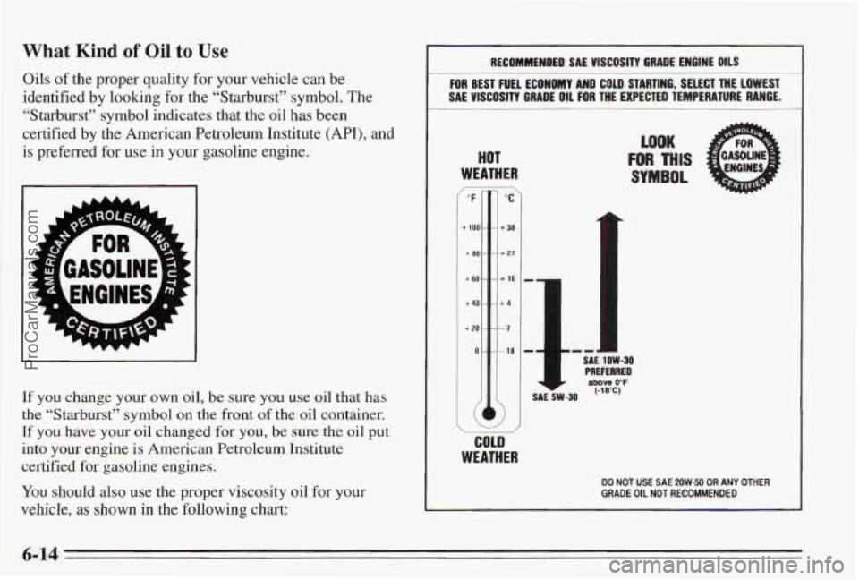 PONTIAC BONNEVILLE 1995 Owners Manual What Kind of Oil to Use
Oils of the proper quality for your vehicle can be
identified by looking for the “Starburst” symbol. The
“Starburst” symbol indicates that
the oil has PONTIAC BONNEVILLE 1995 Owners Manual What Kind of Oil to Use
Oils of the proper quality for your vehicle can be
identified by looking for the “Starburst” symbol. The
“Starburst” symbol indicates that
the oil has