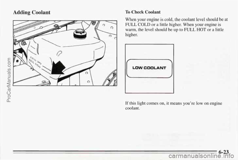PONTIAC BONNEVILLE 1995 Owners Manual Adding Coolant To Check Coolant
When your engine is cold, the coolant level should be at
FULL COLD or a little higher. When your engine is
warm, the level should be up to FULL HOT or a little PONTIAC BONNEVILLE 1995 Owners Manual Adding Coolant To Check Coolant
When your engine is cold, the coolant level should be at
FULL COLD or a little higher. When your engine is
warm, the level should be up to FULL HOT or a little