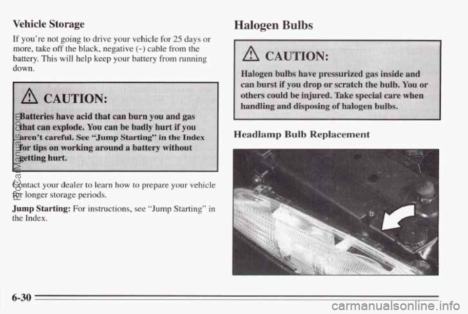 PONTIAC BONNEVILLE 1995 Owners Manual Vehicle Storage
If you’re not going to drive your vehicle for 25 days or
more, take
off the black, negative (-) cable from the
battery. This will help keep your battery from running
PONTIAC BONNEVILLE 1995 Owners Manual Vehicle Storage
If you’re not going to drive your vehicle for 25 days or
more, take
off the black, negative (-) cable from the
battery. This will help keep your battery from running