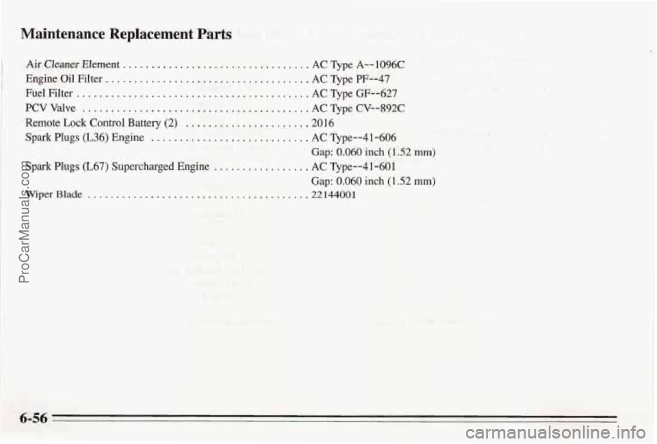 PONTIAC BONNEVILLE 1995  Owners Manual Maintenance  Replacement  Parts 
 Air Cleaner Element ................................. AC Type A--1096C I 
I ................................... Engine  Oil Filter. AC 5pe PF--47 
Fuel Filter ......