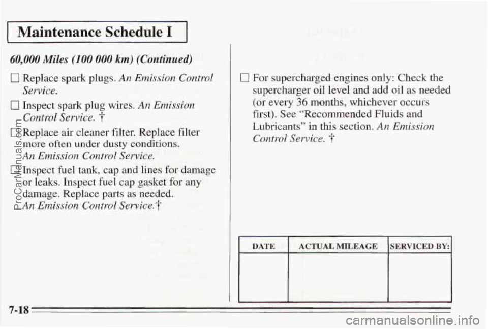 PONTIAC BONNEVILLE 1995  Owners Manual Maintenance Schedule I 
60,000 Miles (100 000 km) (Continued) 
0 Replace  spark plugs. An Emission Control 
c] Inspect  spark  plug wires. An Emission 
0 Replace  air cleaner  filter.  Replace filter 