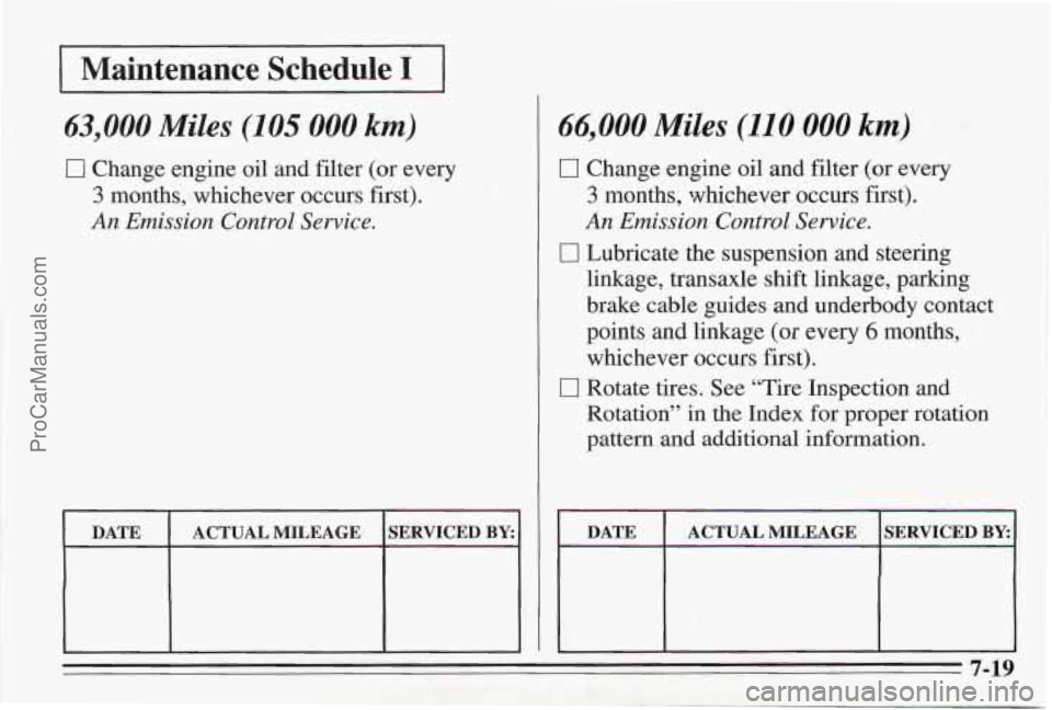 PONTIAC BONNEVILLE 1995  Owners Manual 1 Maintenance Schedule I I 
63,000 Miles (105 000 km) 
0 Change engine oil  and filter (or every 
3 months,  whichever  occurs  first). 
An Emission  Control Service. 
I I I 1 
DATE  ACTUAL MILEAGE  S