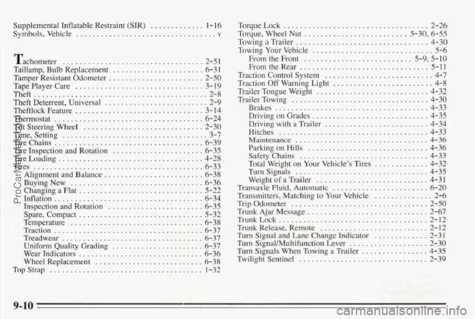 PONTIAC BONNEVILLE 1995 Owners Manual Supplemental Inflatable Restraint (SIR) ............. 1 . 16
Symbols. Vehicle .................................. v
Tachometer .................................. 2-5 I
Taillamp. Bulb Replacement .. PONTIAC BONNEVILLE 1995 Owners Manual Supplemental Inflatable Restraint (SIR) ............. 1 . 16
Symbols. Vehicle .................................. v
Tachometer .................................. 2-5 I
Taillamp. Bulb Replacement ..