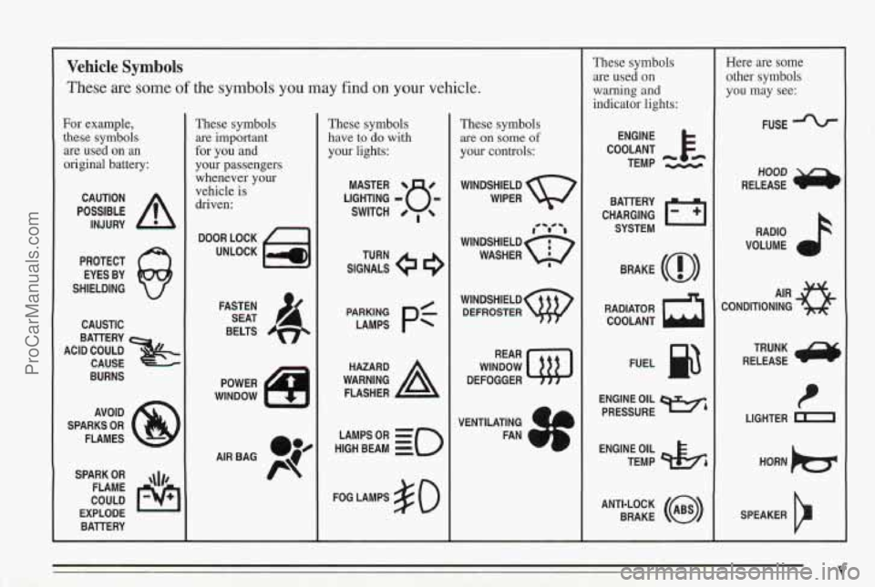PONTIAC BONNEVILLE 1995  Owners Manual Vehicle Symbols 
These are some of the  symbols  you may find on your  vehicle. 
For example, 
these symbols 
are  used  on 
an 
original  battery: 
POSSIBLE A 
CAUTION 
INJURY 
PROTECT  EYES  BY 
SHI