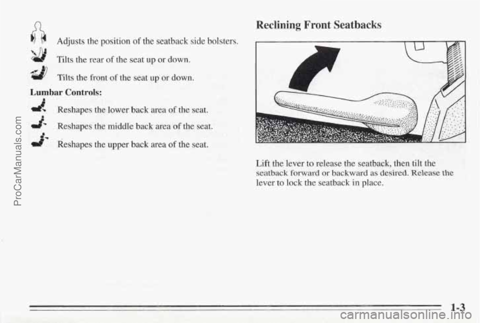 PONTIAC BONNEVILLE 1995  Owners Manual R Reclining  Front  Seatbacks 
c 
l)i # Adjusts the position of the seatback side bolsters. 
Tilts  the rear  of the  seat  up  or  down. 
Tilts the front of the seat up or down. 
Lumbar Controls: 
d!
