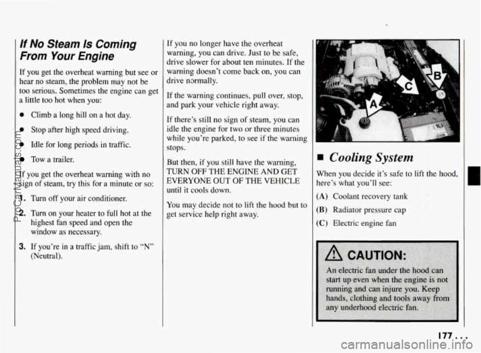 PONTIAC BONNEVILLE 1994  Owners Manual If No Steam Is Coming 
From  Your  Engine 
If you  get the overheat  warning  but see or 
hear  no steam,  the  problem  may  not be 
too  serious.  Sometimes the engine can get 
a little too  hot  wh